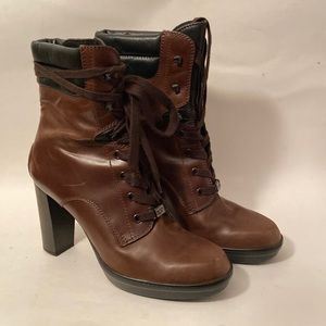 TOD’S Brown Leather Short Boots sz 49/9.5 Lace Up High Block Heel Italy
